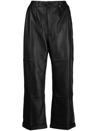 Paige Jia Leather Pleated Trousers In Black