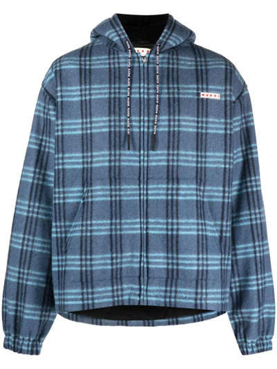 Marni Logo-patch Check-print Jacket In Blue Check