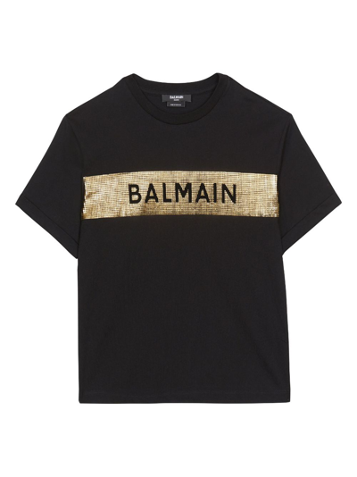 Balmain Kids' Laminated-logo Cotton T-shirt In Black