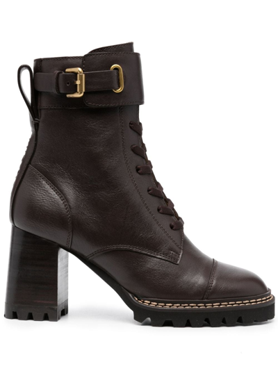 See By Chloé 80mm Lace-up Leather Boots In Brown
