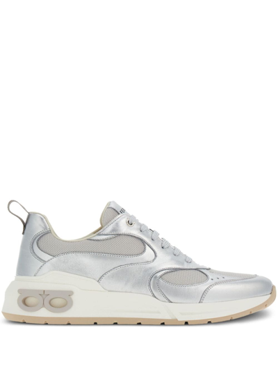 Ferragamo Logo-print Lace-up Trainers In Silver/argento || Si