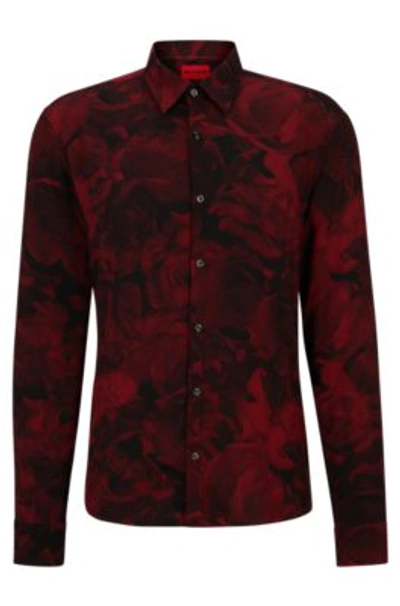 Hugo Slim-fit Shirt In Rose-print Canvas In Dark Red