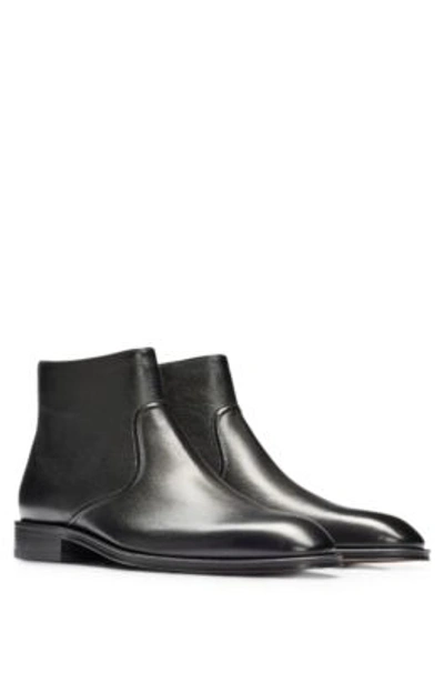 Hugo Boss Grained-leather Zip Boots With Branded Trims In Black