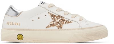 Golden Goose Kids' Leather May Sneakers In White/gold/silver 10