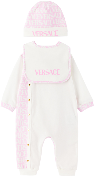 Versace Babies' Logo-print Three-piece Stretch-cotton Set 0-6 Months In White+pink