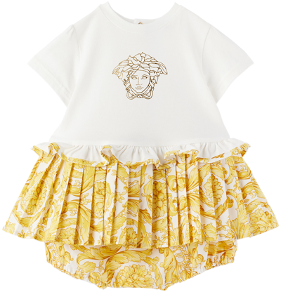 Versace Baby White & Yellow Barocco Dress & Bloomers In 2w110-white+gold