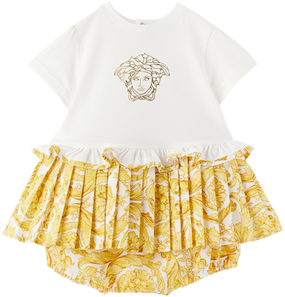 Versace Baby White Yellow Barocco Dress Bloomers In 2w110