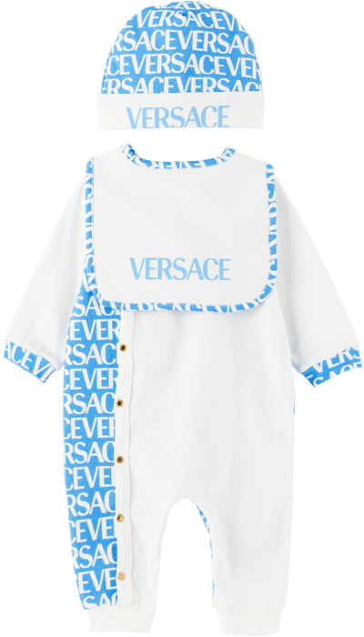 Versace Baby White & Blue Allover Three-piece Set In 2w050-white+lightbl