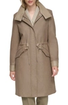 Andrew Marc Feather Leather Trim Wool Blend Coat In Mushroom