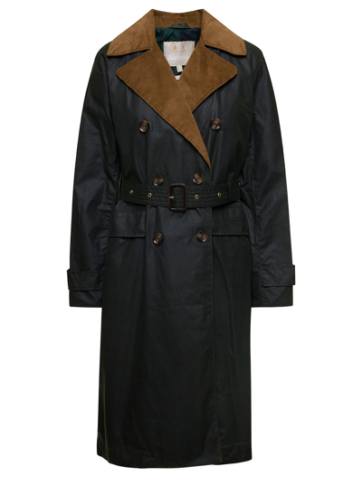 BARBOUR SIMONE BLACK BELTED TRENCH COAT WITH CORDUROY REVERS IN WAXED COTTON WOMAN