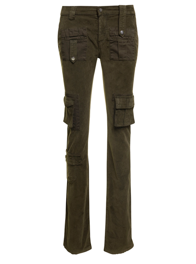 BLUMARINE MILITARY GREEN LOW-WAISTED CARGO PANTS WITH LOGO PATCH IN VELVET WOMAN