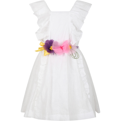 Monnalisa Kids' White Dress For Girl With Flowers