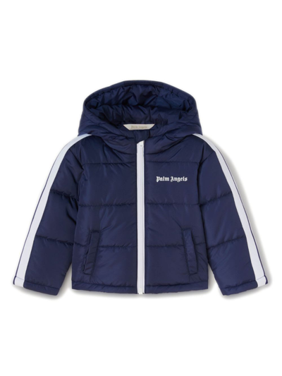 Palm Angels Babies' Logo-embroidered Hooded Puffer Jacket In Blue