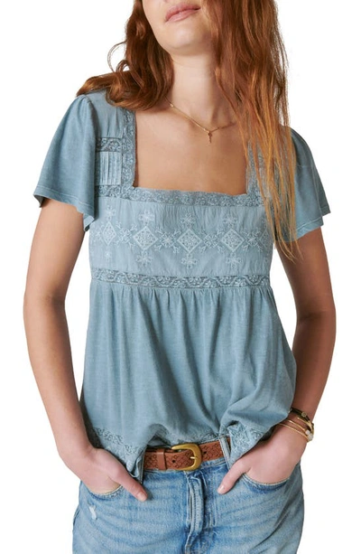 Lucky Brand Embroidered Square Neck Babydoll Top In Dusty Blue