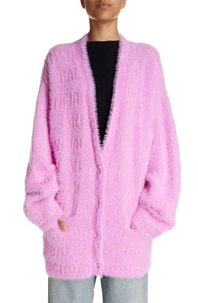 Balenciaga Oversize Furry Logo Jacquard Wool Blend Cardigan In Pink