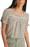 Marine Layer Elena Windowpane Plaid Smocked Yoke Top In Parchment/ Black Windowpane