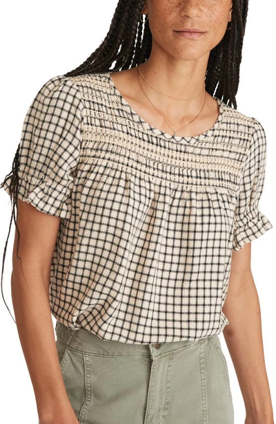 Marine Layer Elena Windowpane Plaid Smocked Yoke Top In Parchment/ Black Windowpane