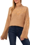 Cece Floral Embroidered Mock Neck Sweater In Latte Heather