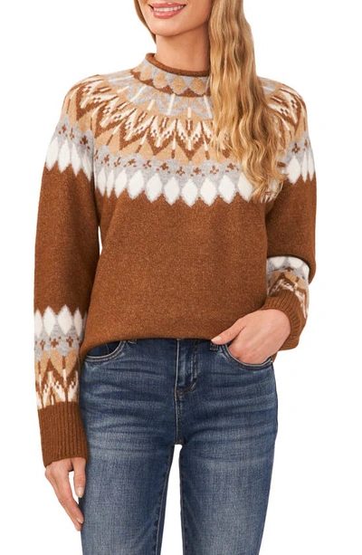 Cece Fair Isle Funnel Neck Sweater In Toasted Beige