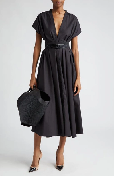 Alaïa Belted Cotton Poplin Midi Dress In Black