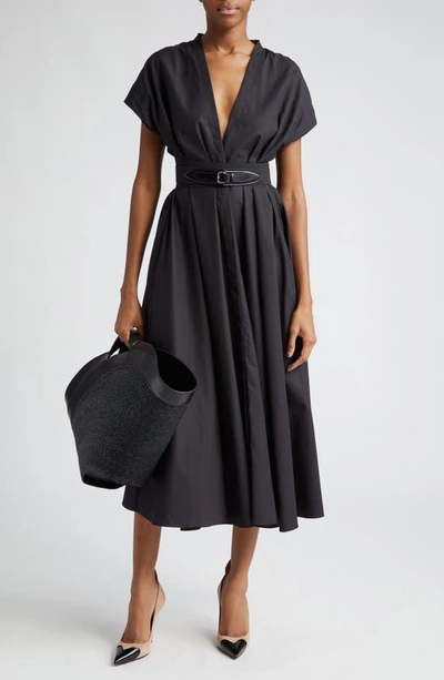 Alaïa Belted Cotton Poplin Midi Dress In Noir