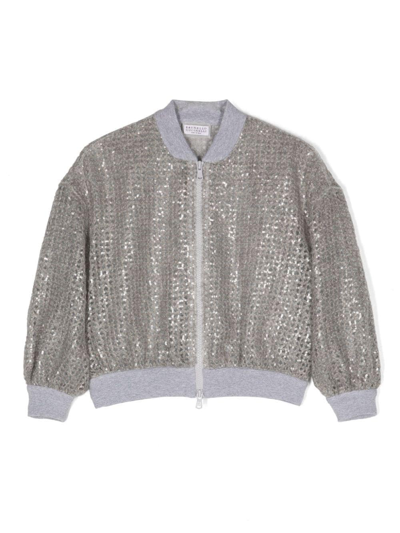 Brunello Cucinelli Kids' Zip-up Sequinned Bomber Jacket In Grey