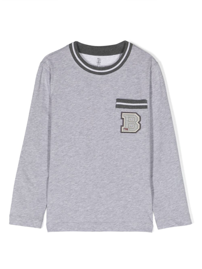 Brunello Cucinelli Kids' Logo-patch Long-sleeve T-shirt In Grey
