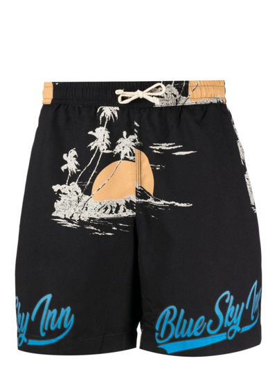Blue Sky Inn Palm-tree Print Swim Shorts In Black