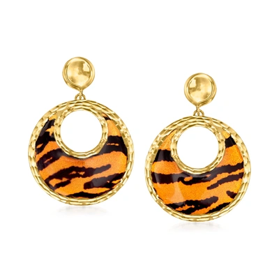 Ross-simons Italian Tiger-print Enamel Drop Earrings In 14kt Yellow Gold In Orange