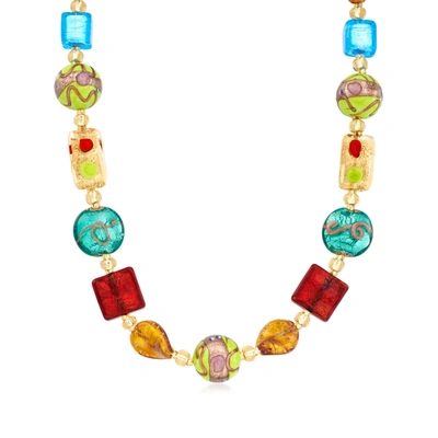 Ross-simons Italian Multicolored Murano Glass Bead Necklace With 18kt Gold Over Sterling In Blue