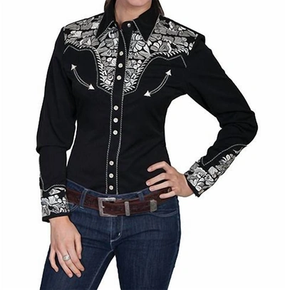 Scully Women's Western Embroidered Snap Shirt In Black/silver