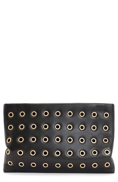 Allsaints Bettina Eyelet-embellished Zip-up Leather Clutch In Black