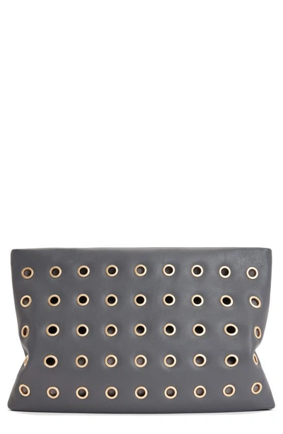 Allsaints Womens Slate Grey Bettina Eyelet-embellished Zip-up Leather Clutch In Slate Grey