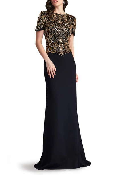 Tadashi Shoji Beaded A-line Crepe Gown In Gold Black