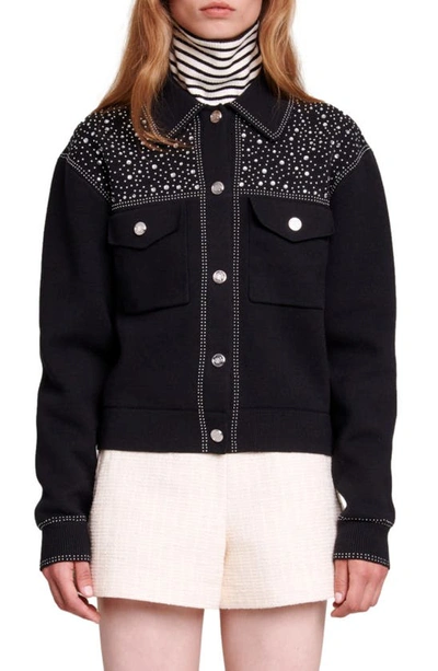 Maje Knit Cardigan With Rhinestones For Fall/winter In Black