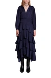 Maje Tiered Ruffle Midi Dress In Blue