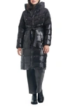 VINCE CAMUTO BELTED MIXED MEDIA HOODED PUFFER COAT