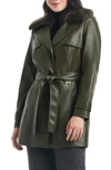 VINCE CAMUTO BELTED FAUX LEATHER JACKET WITH REMOVABLE FAUX FUR COLLAR