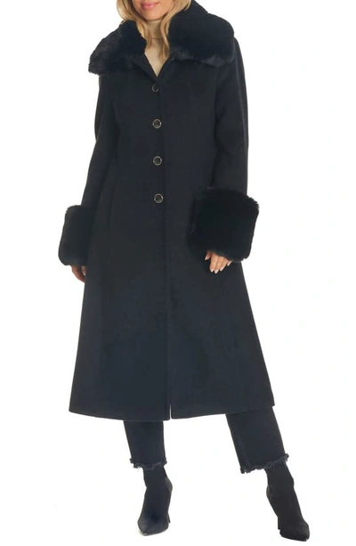 Vince Camuto Wool Blend Coat With Removable Faux Fur Collar And Cuffs In Black