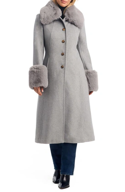 Vince Camuto Wool Blend Coat With Removable Faux Fur Collar And Cuffs In Heather Grey