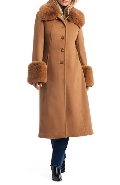 Vince Camuto Wool Blend Coat With Removable Faux Fur Collar And Cuffs In Camel