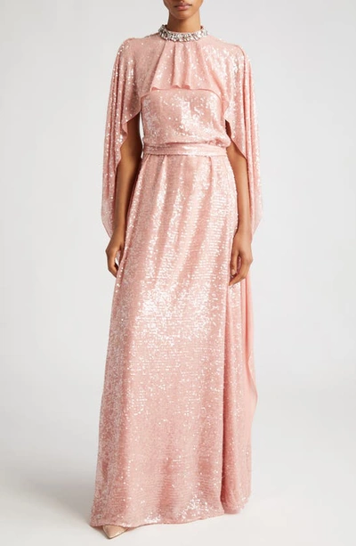 Erdem Floor-length Sequin Gown With Cape Detail In Pink