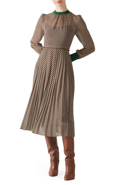 Lk Bennett Marianne Pleated Long Sleeve Midi Dress In Brown