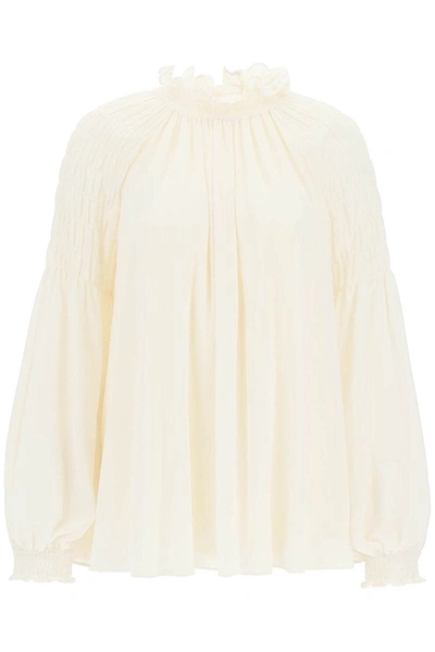 See By Chloé Draped Gathered Georgette Blouse In Blanc