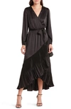 Mila Mae Asymmetric Pleated Belted Long Sleeve Dress In Black