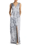 St John Painted Leopard-print Sleeveless Gathered Gown In Light Gray Multi