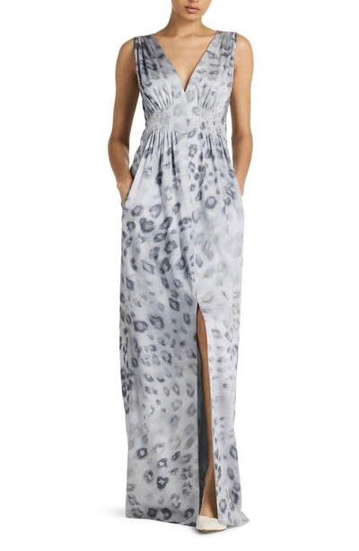 St John Painted Leopard-print Sleeveless Gathered Gown In Light Grey Multi