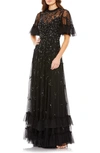 Mac Duggal Rufflered Floral Embellished Flutter Sleeve A-line Gown In Black