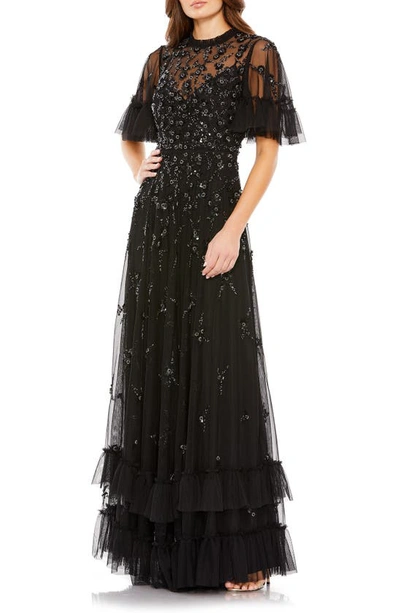 Mac Duggal Rufflered Floral Embellished Flutter Sleeve A-line Gown In Black