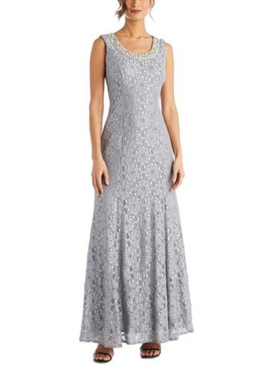 R & M Richards Womens Lace Embellished Evening Dress In Silver